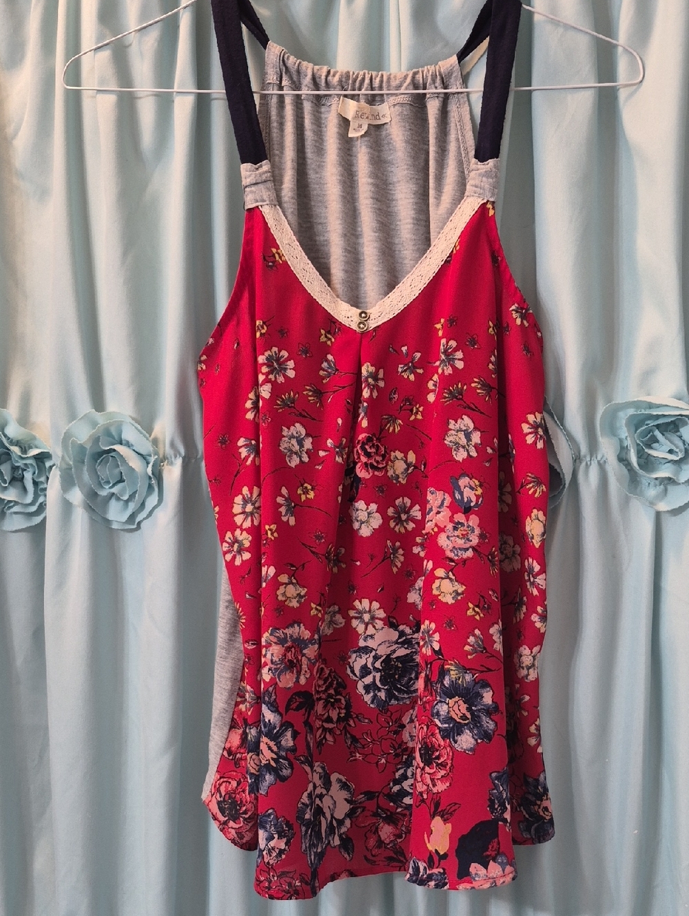 Rewind Red Floral Lace Trim Halter Tank Top Sz M